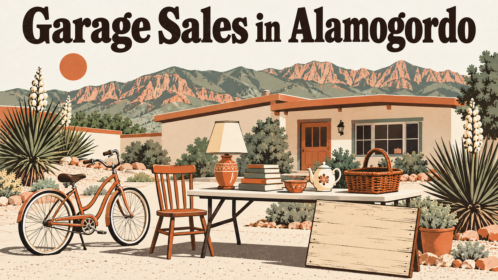 Flat travel poster illustration of a folding table with a lamp, books, a bicycle and a blank wooden sign in a front yard with the Sacramento Mountains behind and the words Garage Sales in Alamogordo
