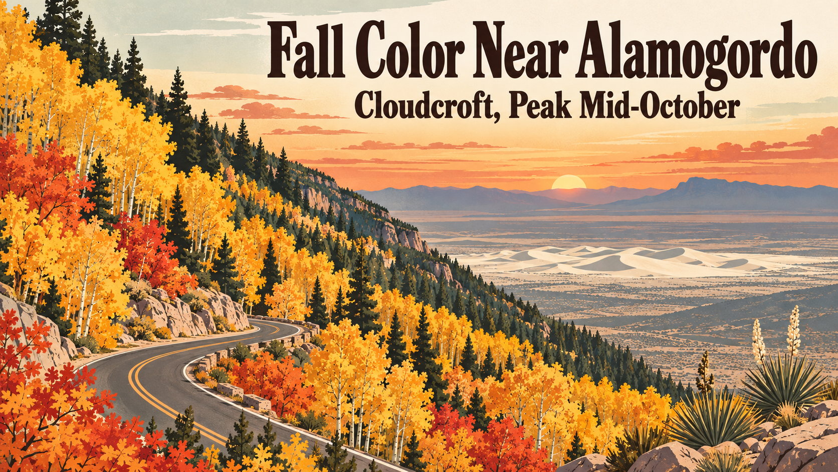 Flat travel poster illustration of golden aspens and red maples on a mountain slope above a desert valley at dusk, with the words Fall Color Near Alamogordo and Cloudcroft, Peak Mid-October