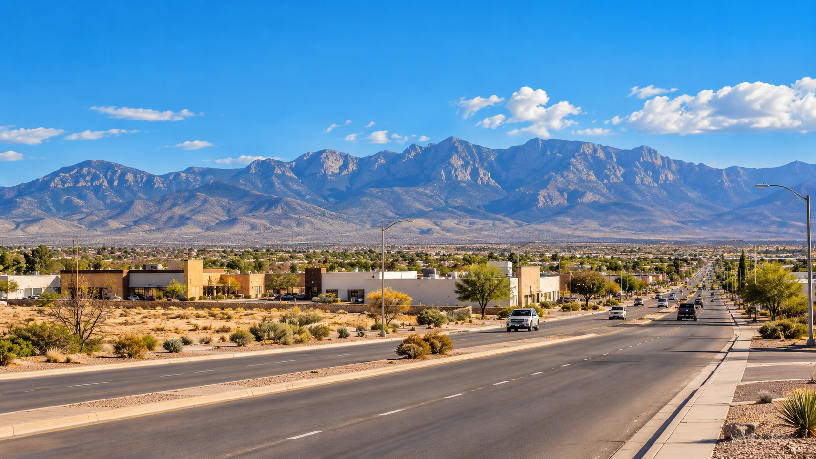 Commercial strip along a wide boulevard in Alamogordo, New Mexico, with the Sacramento Mountains in the background