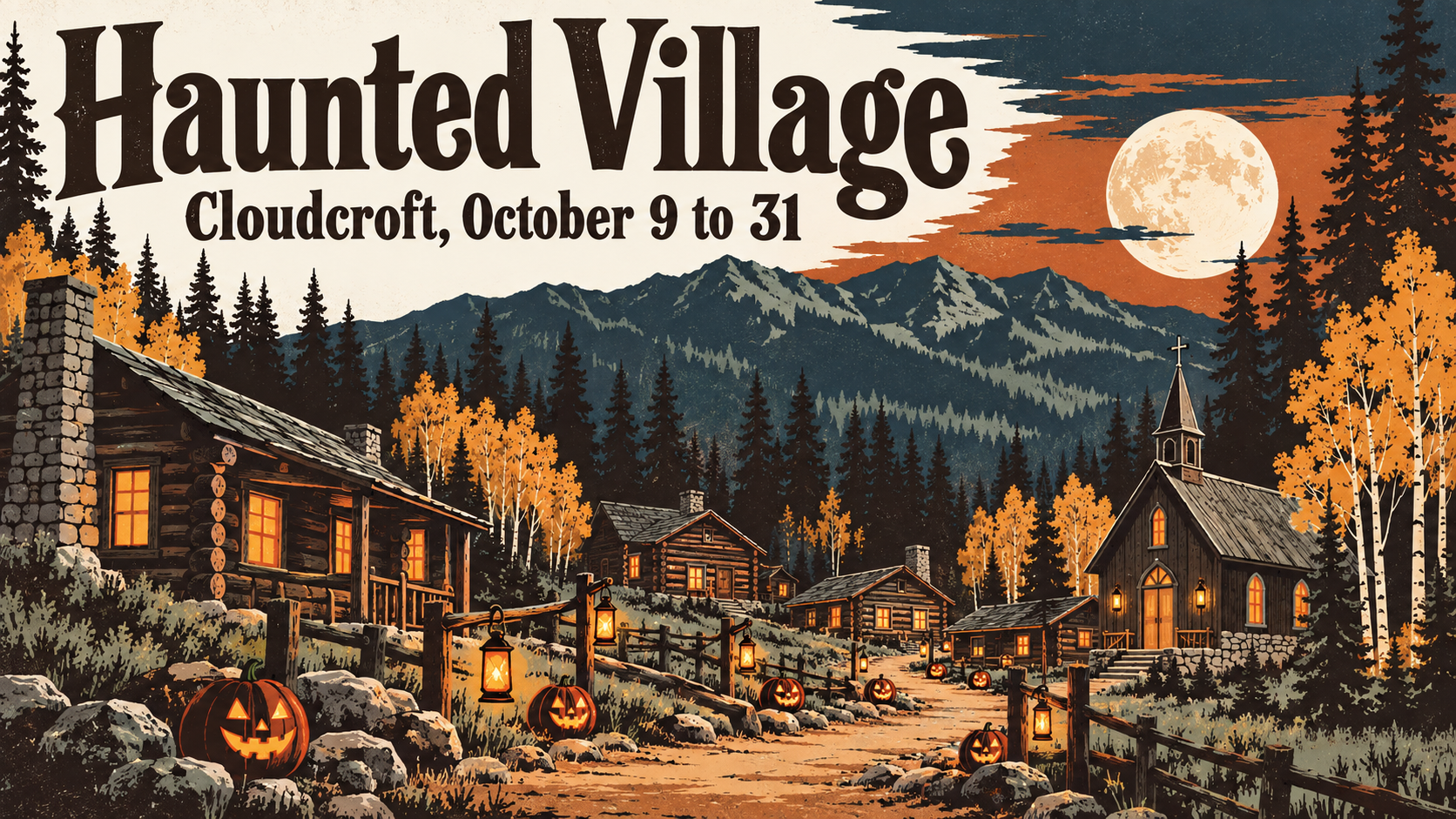 Flat travel poster illustration of historic log cabins glowing with jack o lanterns under a full moon among aspens and pines, with the words Haunted Village, Cloudcroft, October 9 to 31