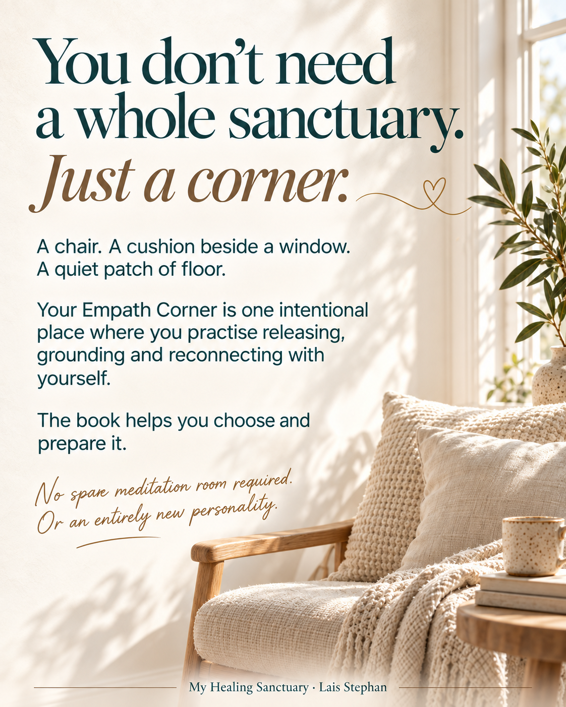 Sunlit corner chair with soft textured blanket, pillow, side table and olive plant