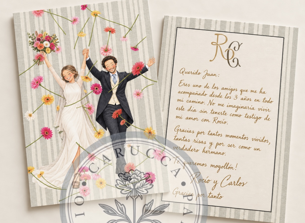 Tarjetones y estampas personalizados para invitados de boda