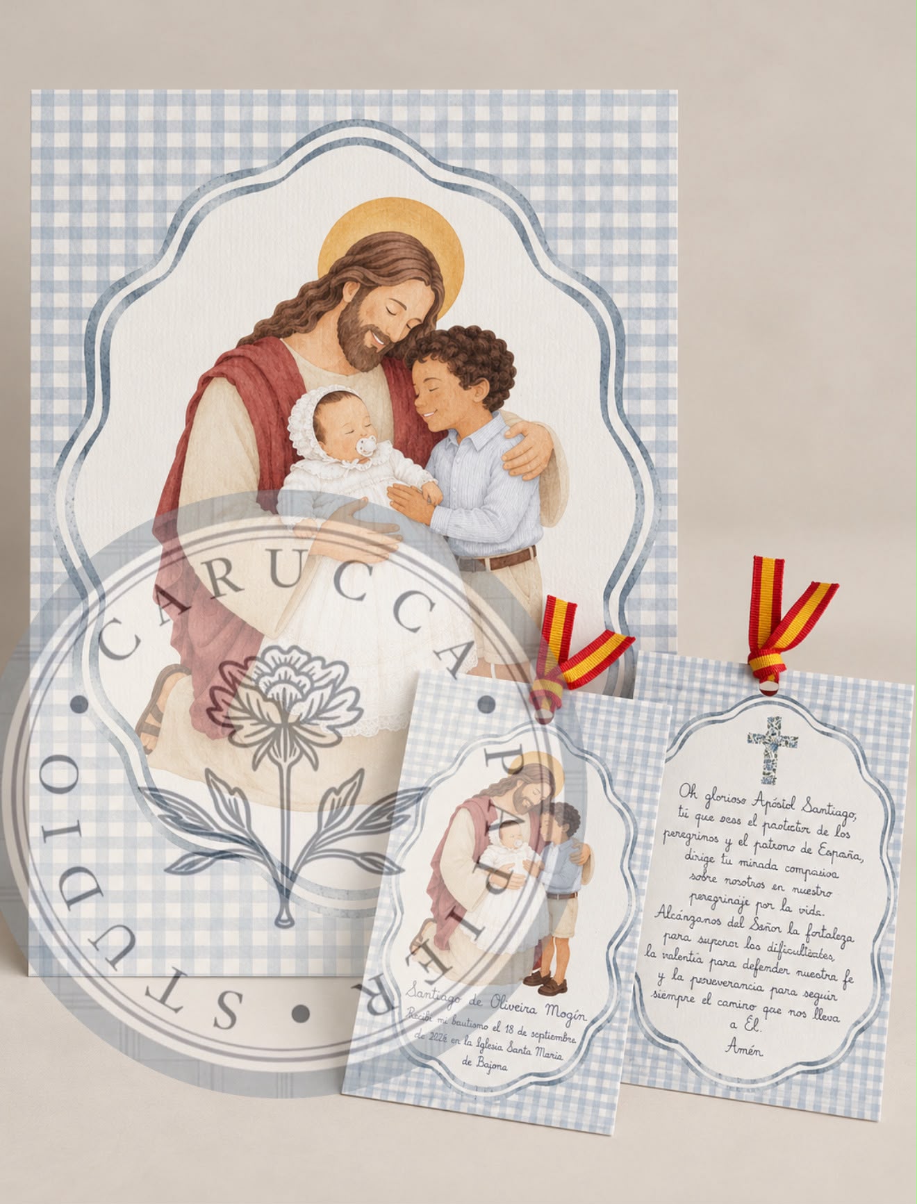 Pack doble impreso de recordatorio de comunión o bautizo a doble cara con oración y lámina - Carucca Studio