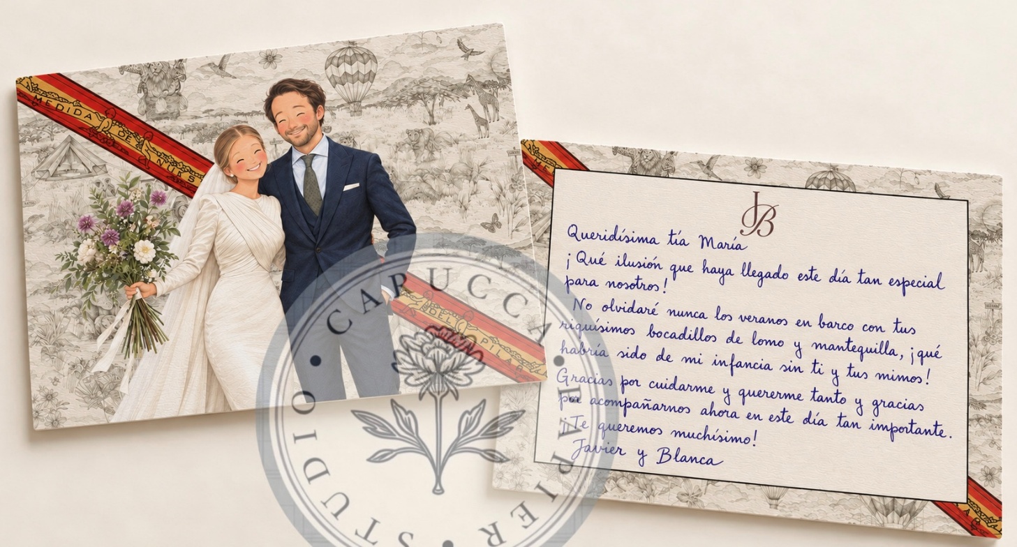 Tarjetones personalizados en orientación horizontal con ilustración y reverso para dedicatoria manuscrita