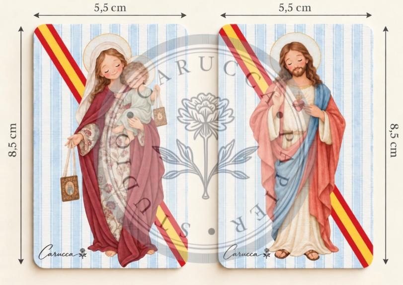 Estampas religiosas personalizadas de la Virgen del Carmen y el Sagrado Corazón con cinta de España