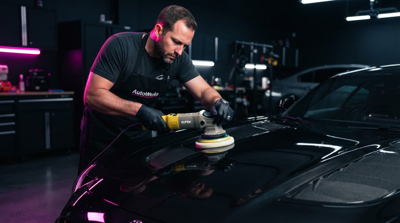 Detailer machine-polishing the hood of a black luxury car in Maitland
