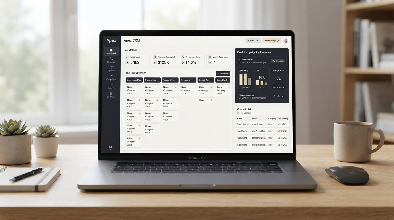 Marketing software dashboard showing contact management, sales pipeline, and email marketing tools