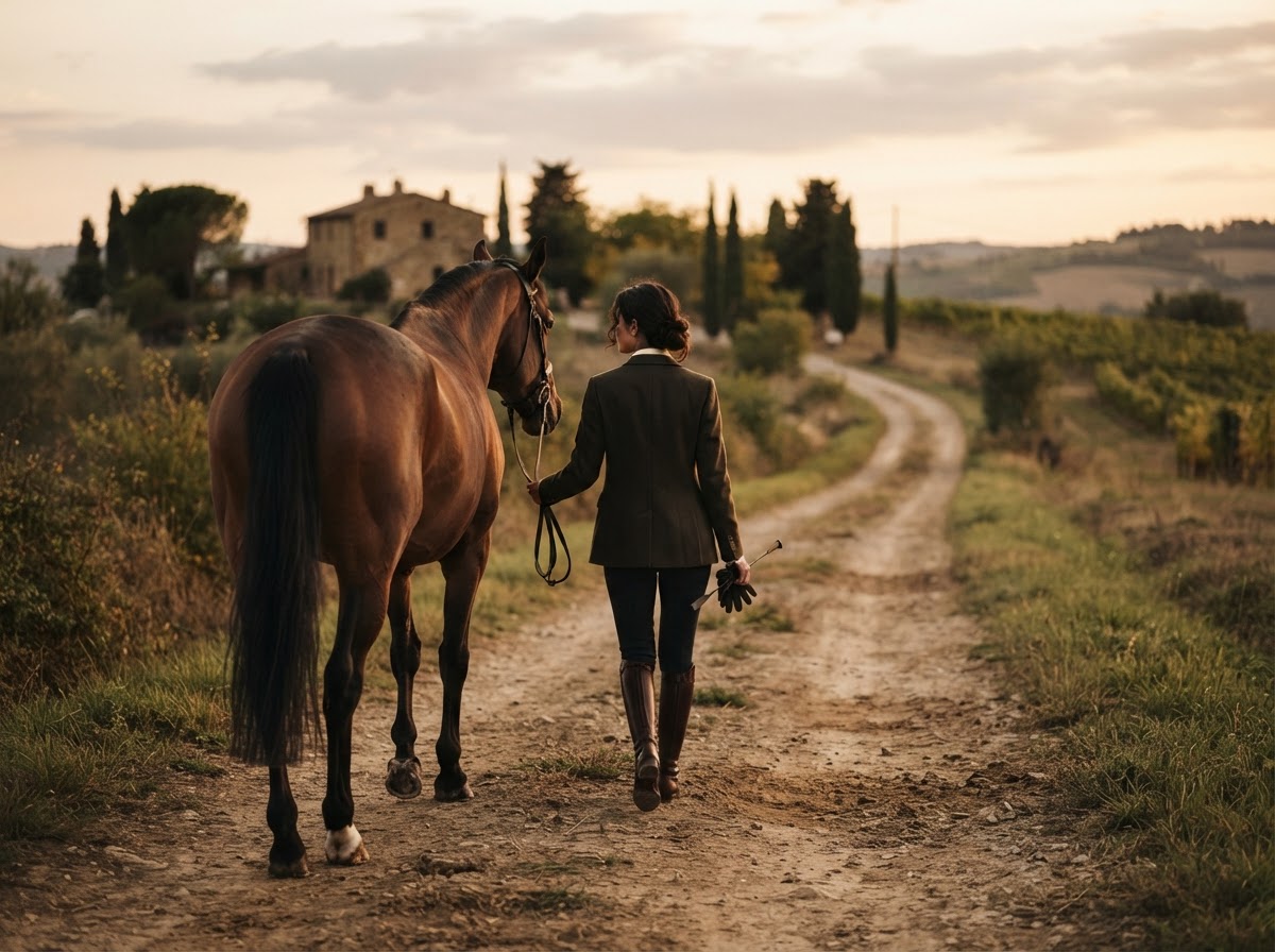 Editorial image of a horse and rider walking away together on foot in late evening light