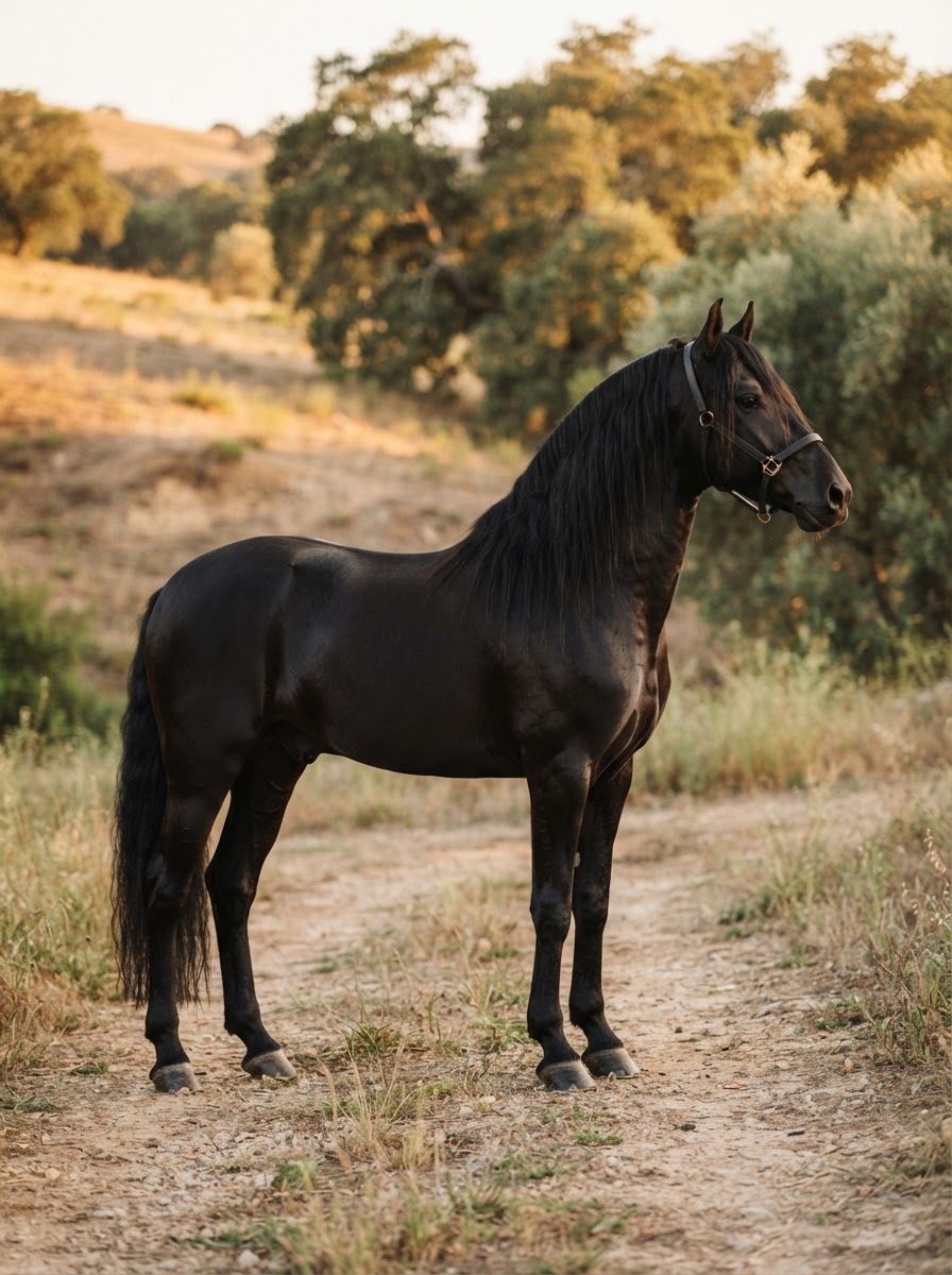 Editorial fine-art portrait of a horse standing outdoors in an elegant natural stance in warm evening light