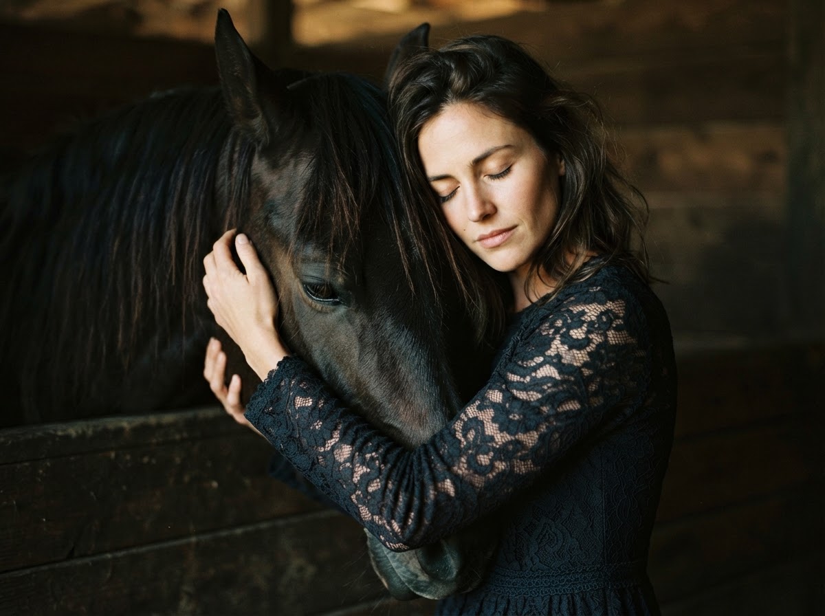 A close intimate portrait of a woman in dark lace embracing her horse's neck with eyes closed in moody cinematic light