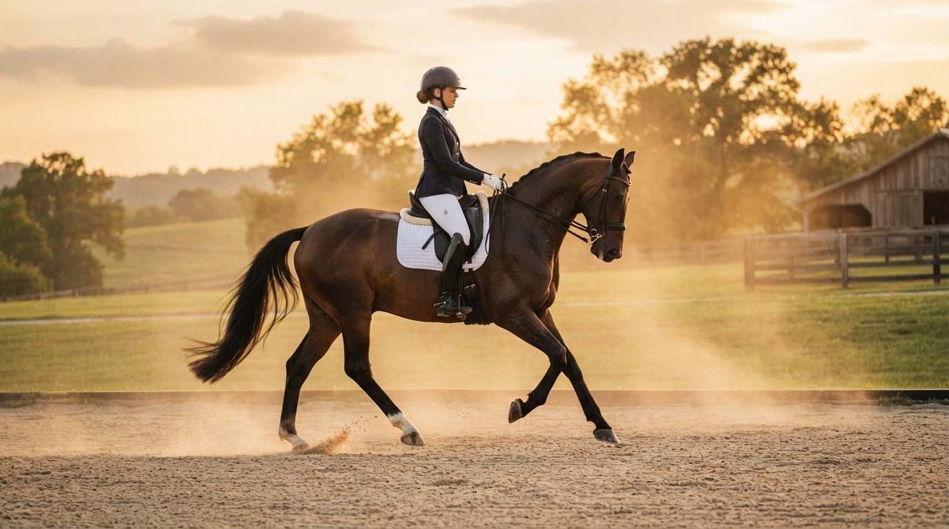 Equestrian performance photography of a dressage horse and rider in collected motion across an arena