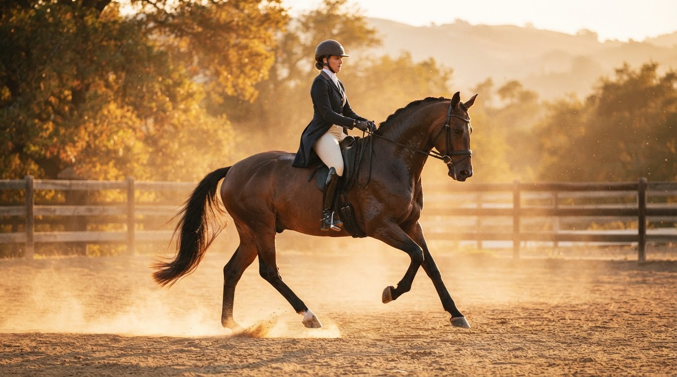 A rider and horse moving in collected motion through an arena in warm evening light, capturing the athletic partnership of horse and rider