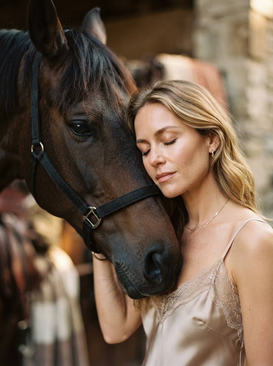 Editorial close portrait of a woman resting her face near a dark horse's neck in a quiet moment of connection