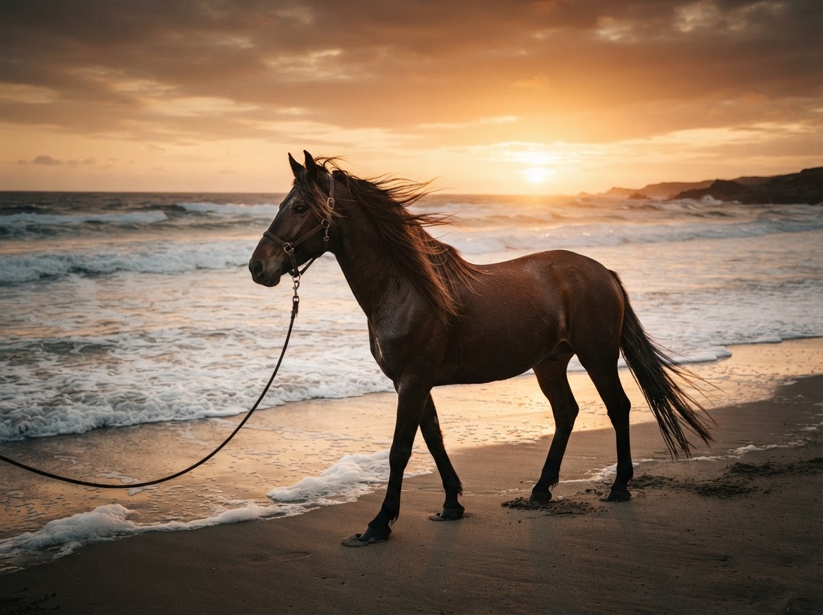 A dark horse on a windswept beach at golden hour, warm amber sunset light catching its mane and coat during a fine-art equine portrait session
