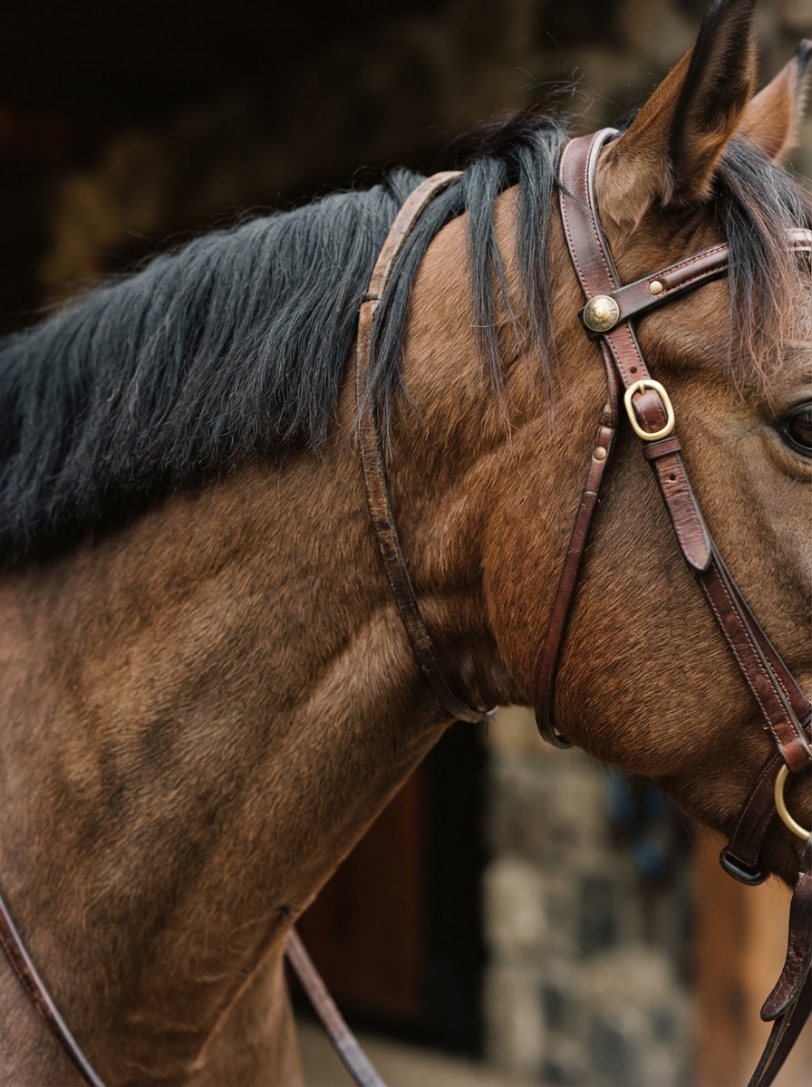 Editorial detail study of a horse's mane, neck, bridle, and coat texture in soft bronze light