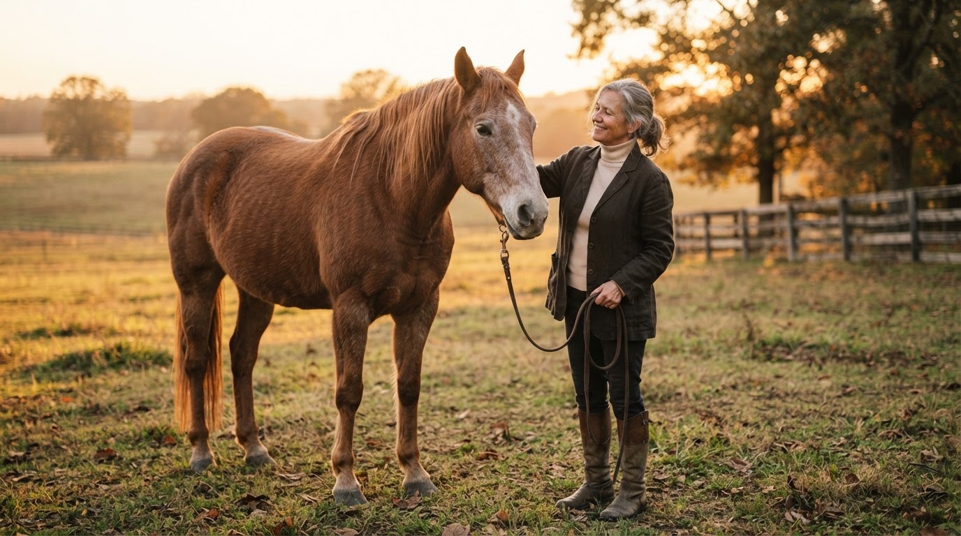 Editorial portrait of an older horse standing calmly beside an owner in warm soft evening light