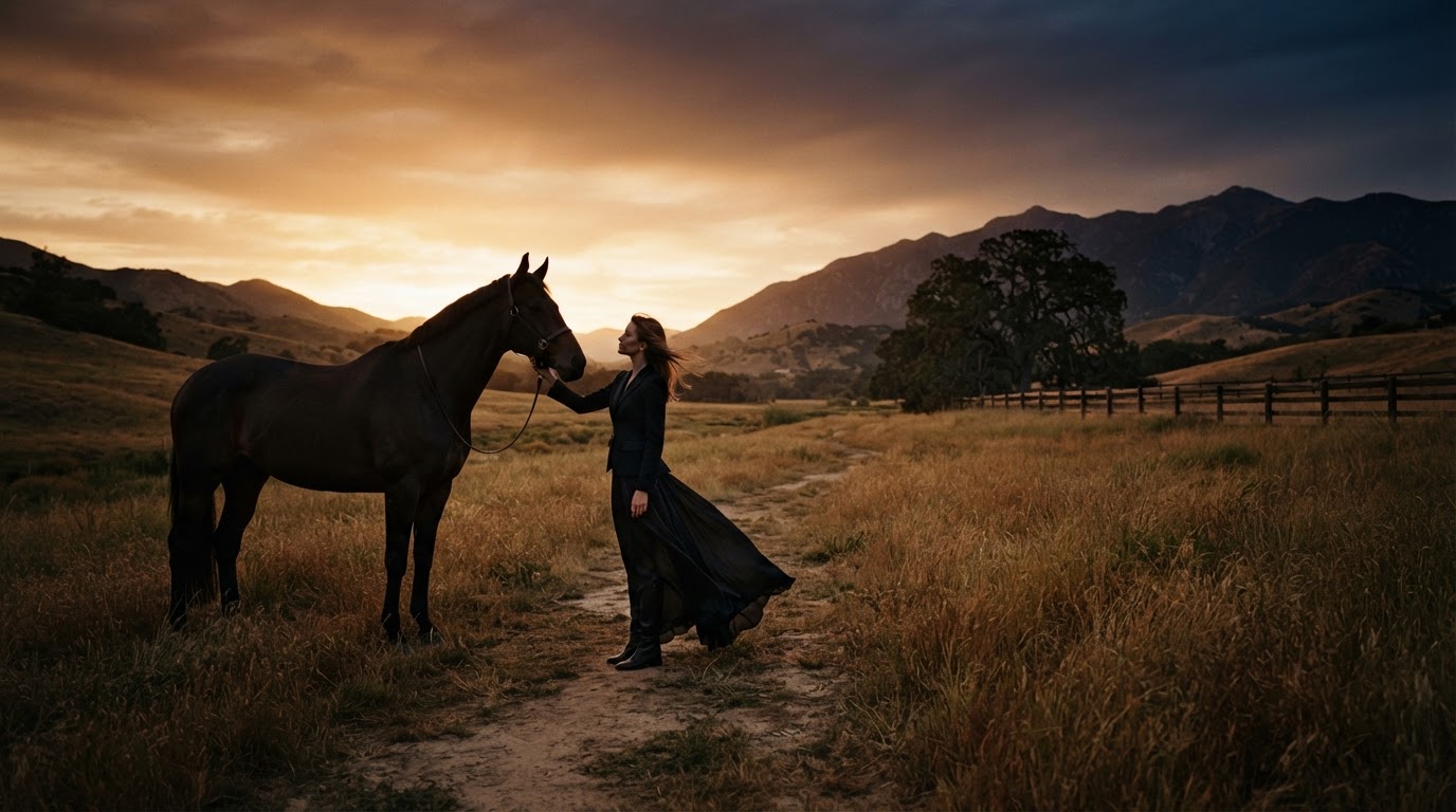 Editorial equestrian closing image of a woman and horse as small silhouettes in a natural landscape at dusk