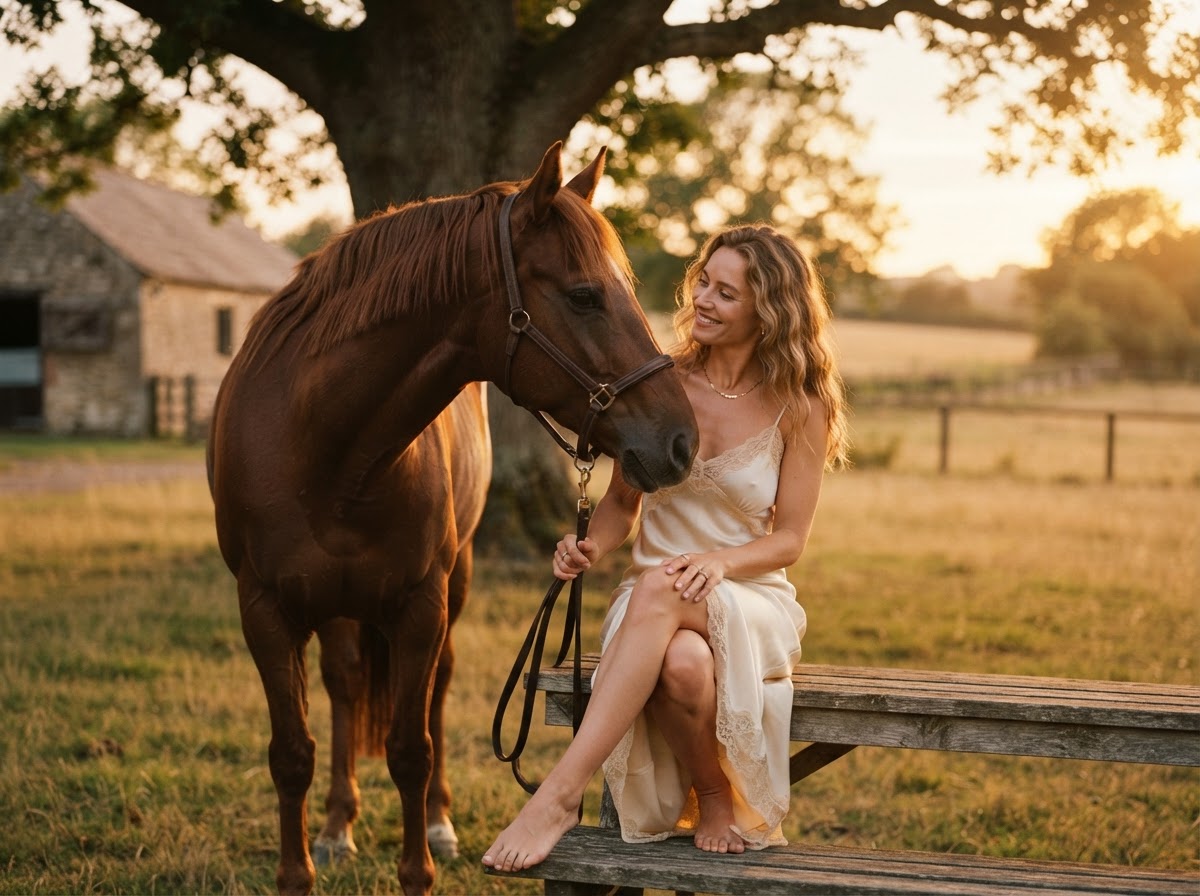 A woman in a silk slip dress seated beside a chestnut horse in warm golden hour light during a romantic equestrian boudoir session