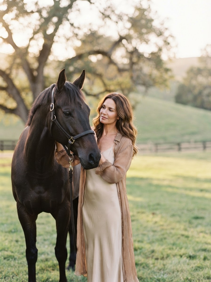 Editorial equestrian boudoir image of a woman standing closely beside a dark horse in soft late afternoon light