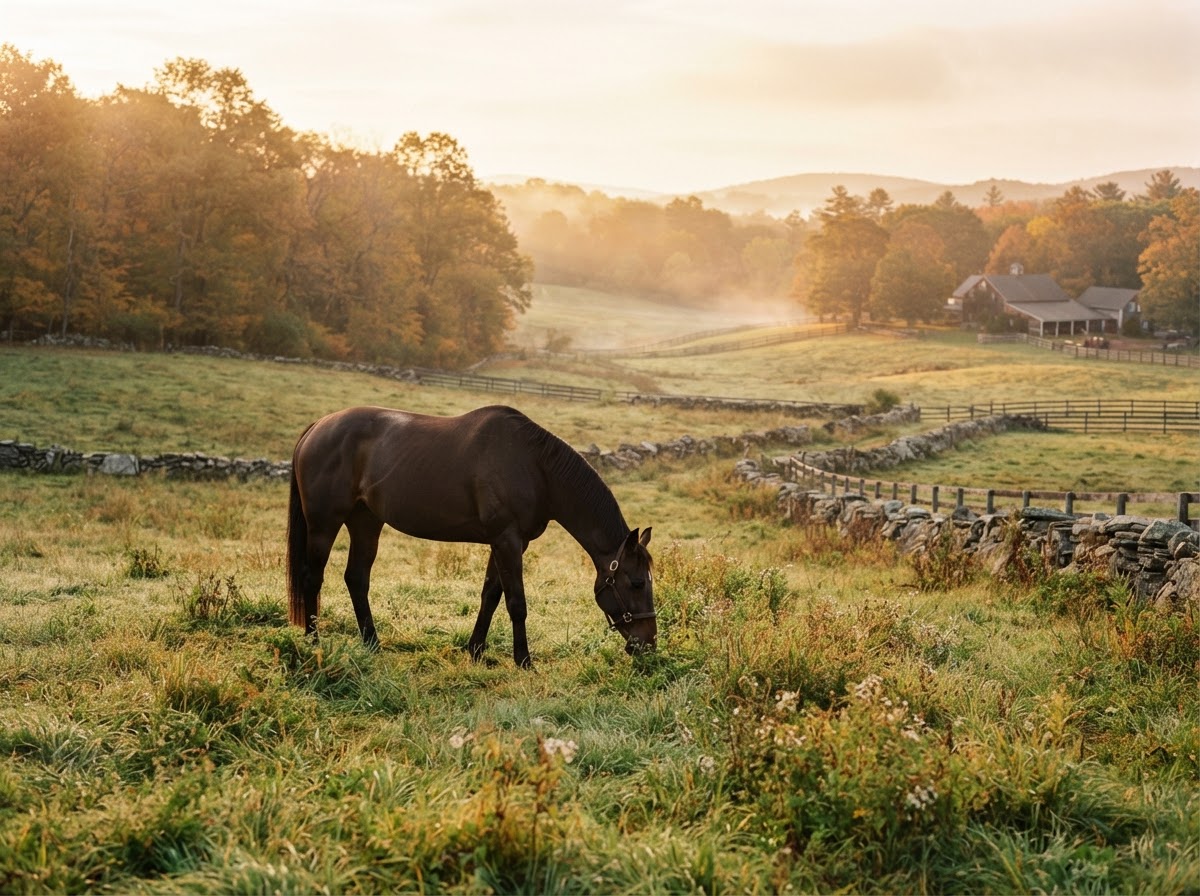 On-location equestrian photography of a horse and rider at golden hour in a Connecticut pasture near Griswold