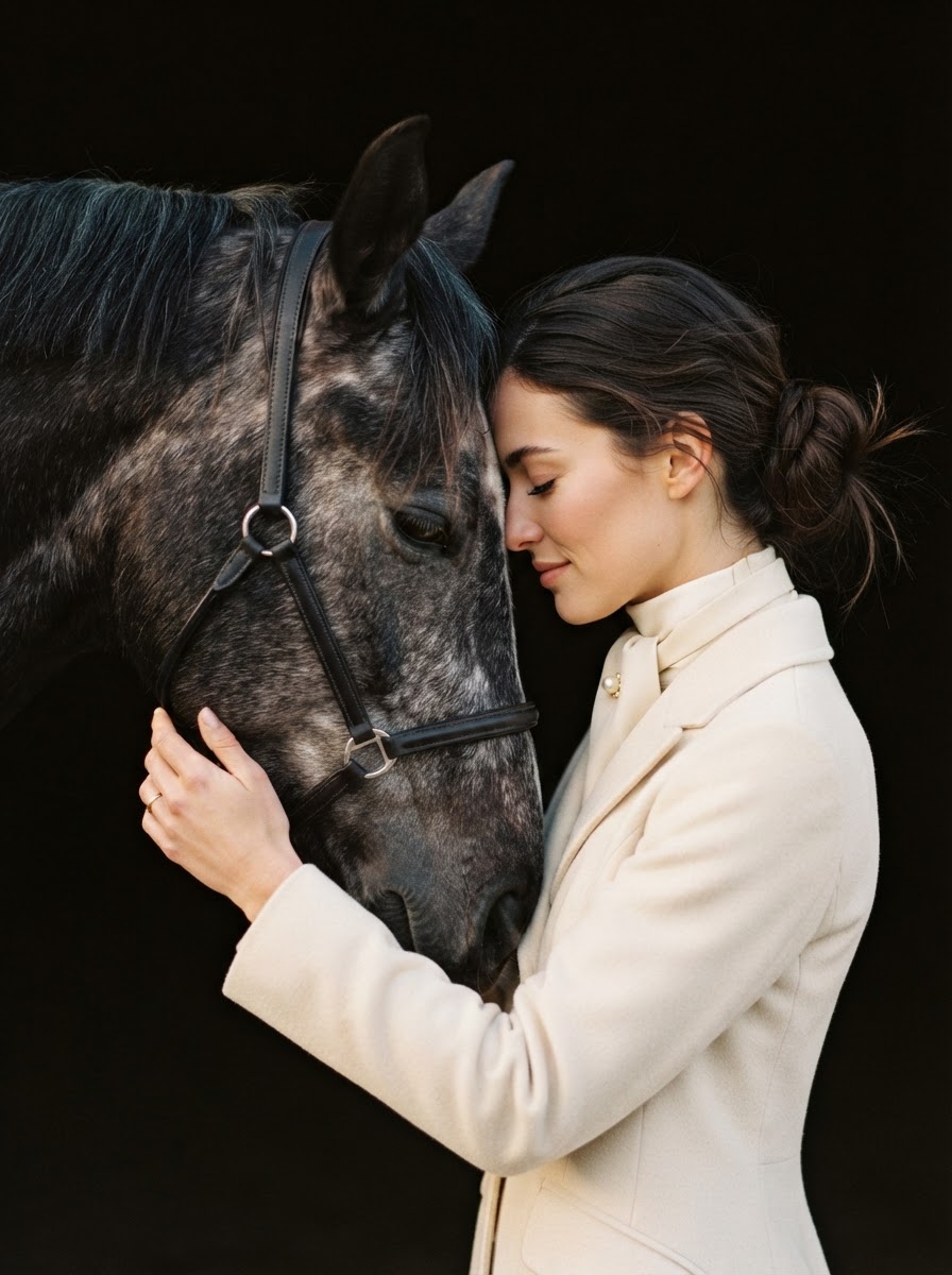 Fine art equestrian photography of a woman resting her forehead against her horse in a quiet moment of connection