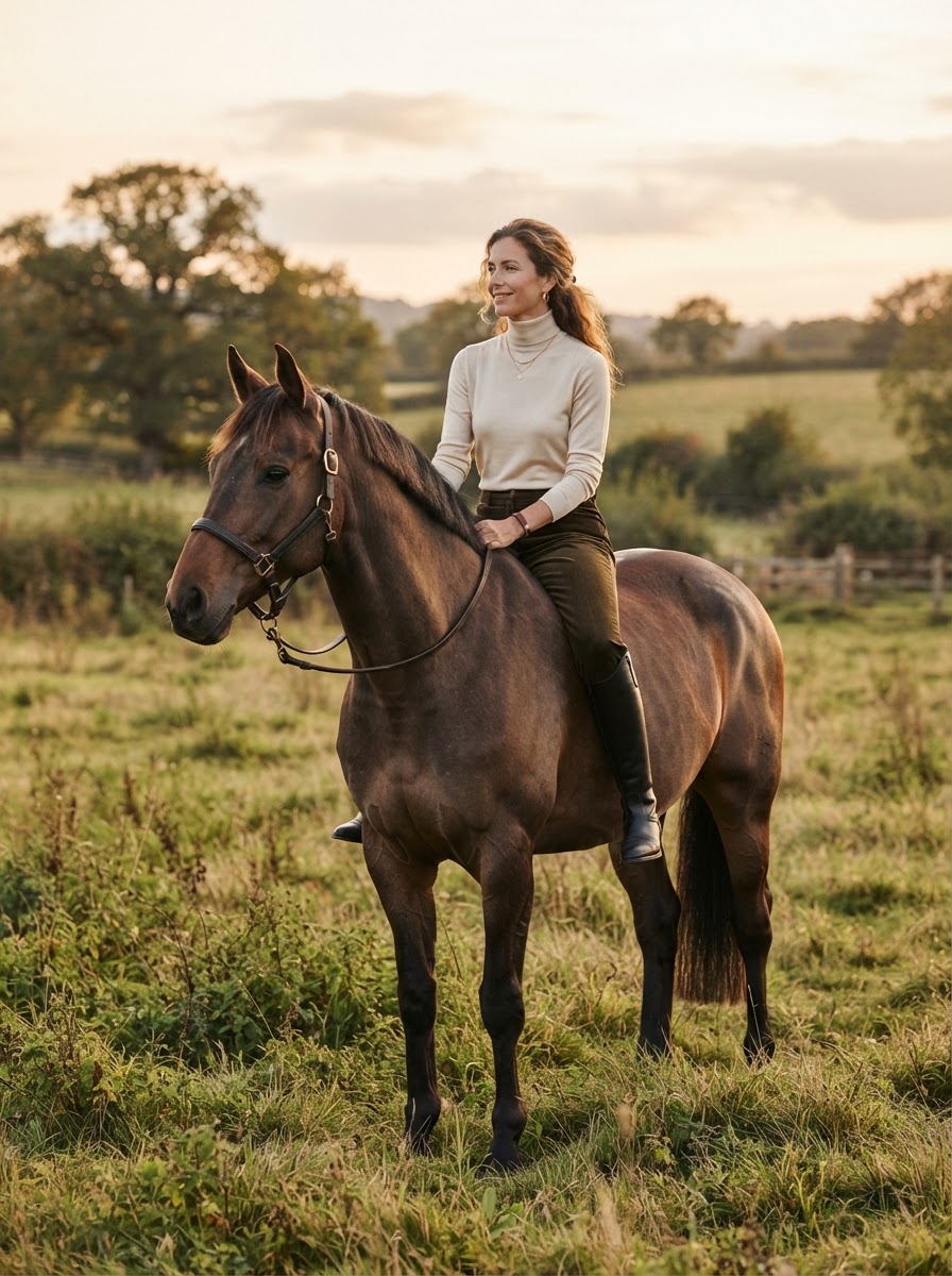 Editorial bareback portrait of a rider seated naturally on a calm horse in a quiet field