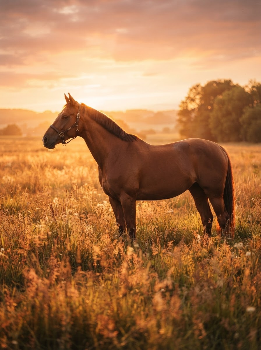 A chestnut horse standing in a golden field at sunset, backlit with warm amber and bronze light during a fine-art equine portrait session in Connecticut