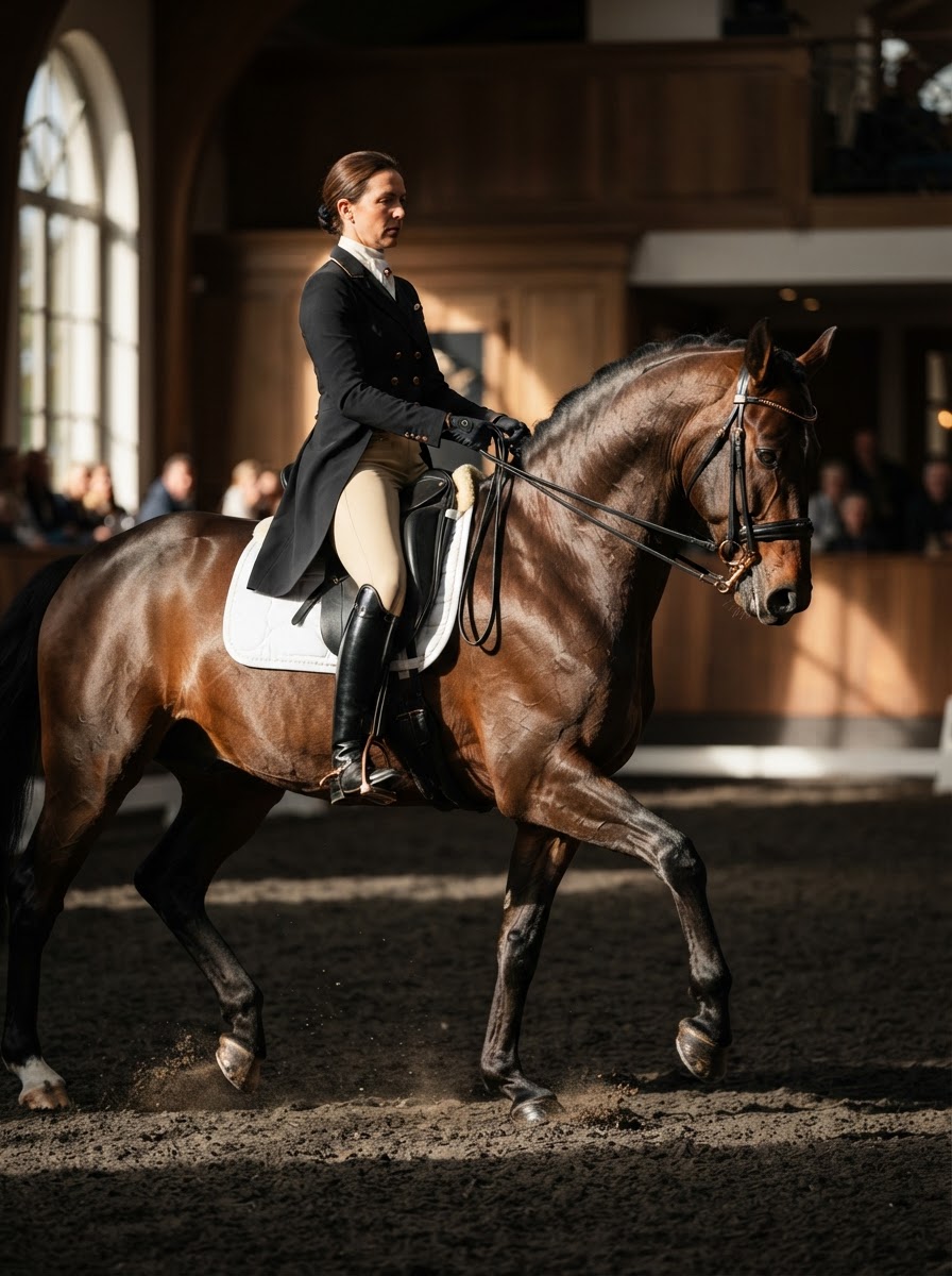 Editorial performance image of a horse in controlled movement with a rider in a plausible arena position