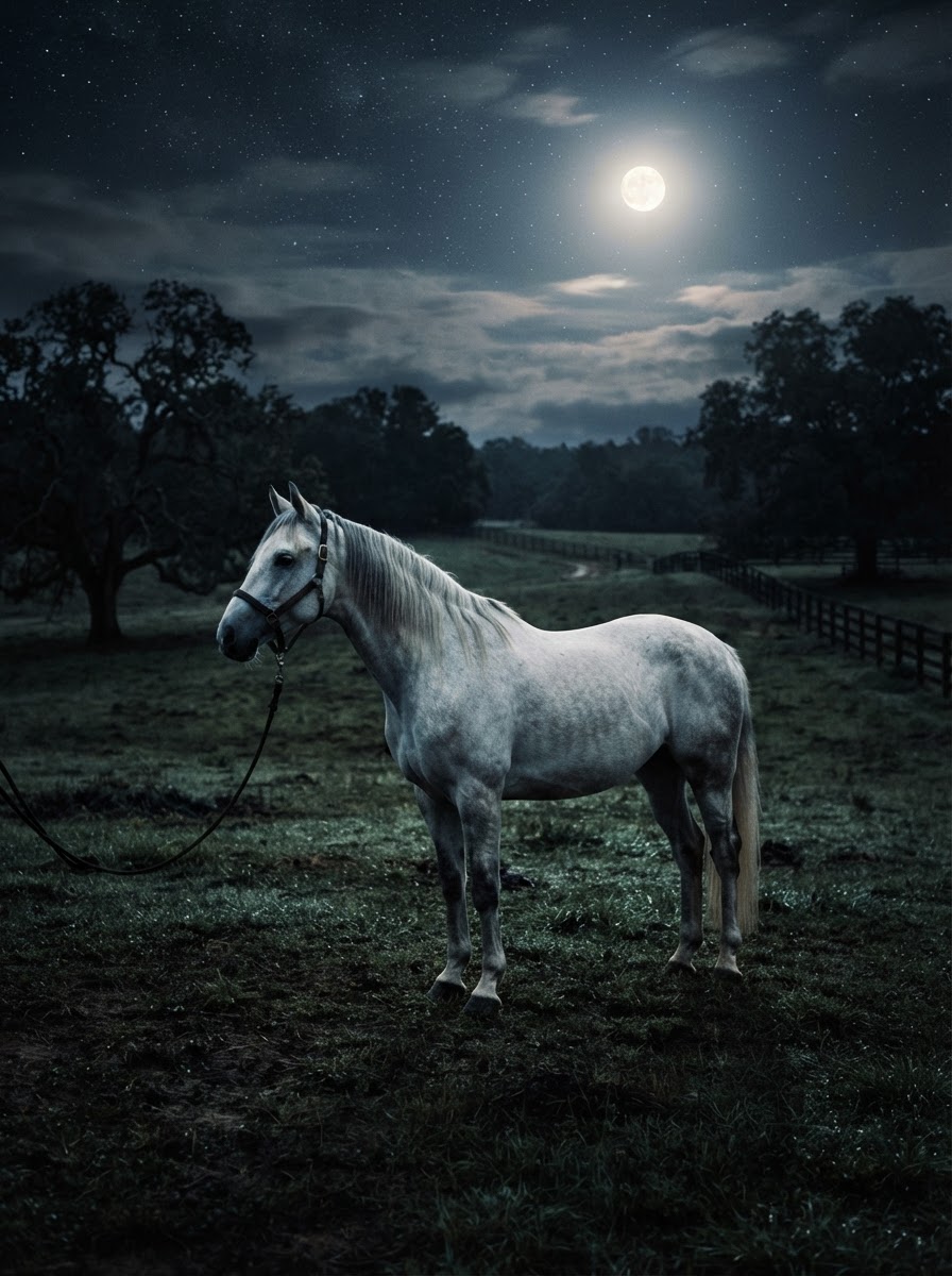A grey horse standing beneath moonlight in a dark field, its pale coat glowing faintly in silvery light during an equine portrait photography session