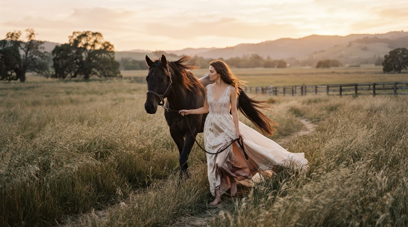 Editorial equestrian image of a woman and a dark horse walking together through tall grass at golden hour