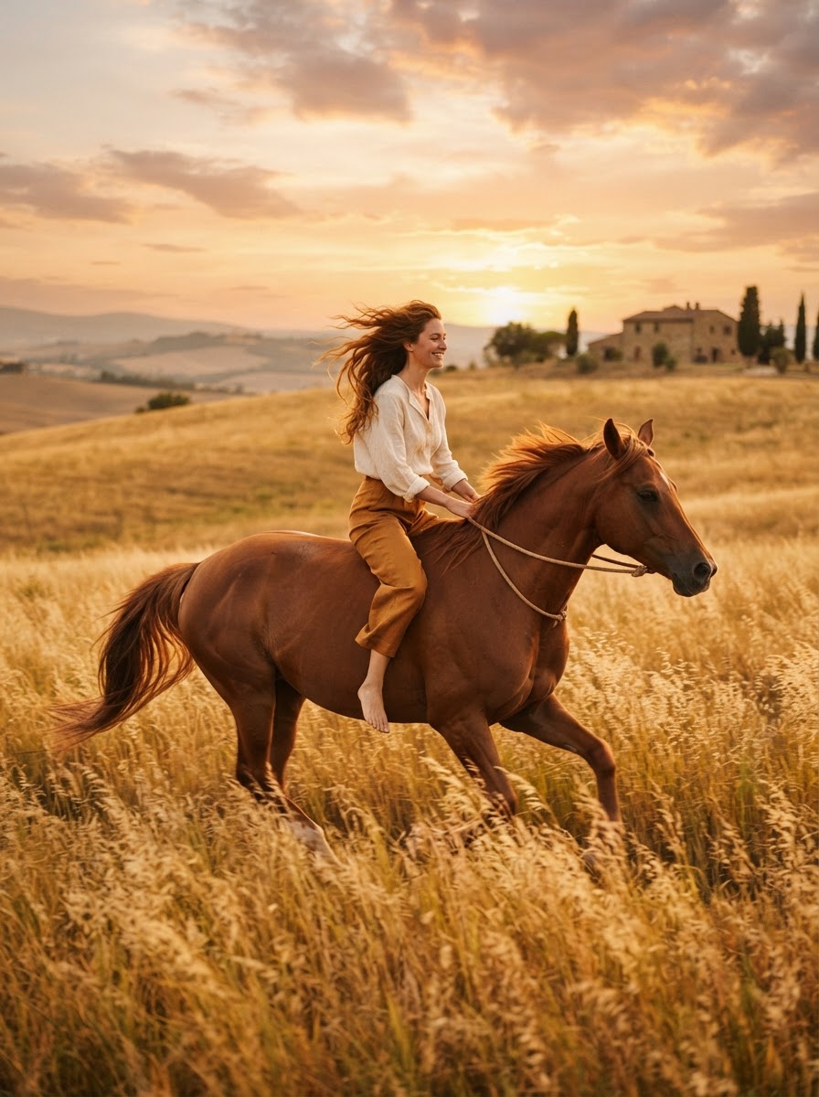 A bareback rider on a chestnut horse moving through a golden field at sunset, a free and relaxed moment of horse and rider connection