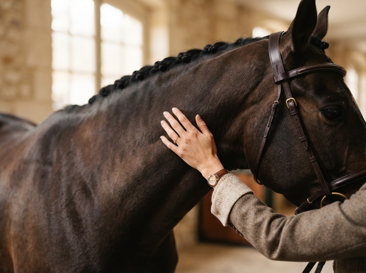 Close detail of a hand resting gently on a horse's neck with leather tack, an intimate equestrian detail study