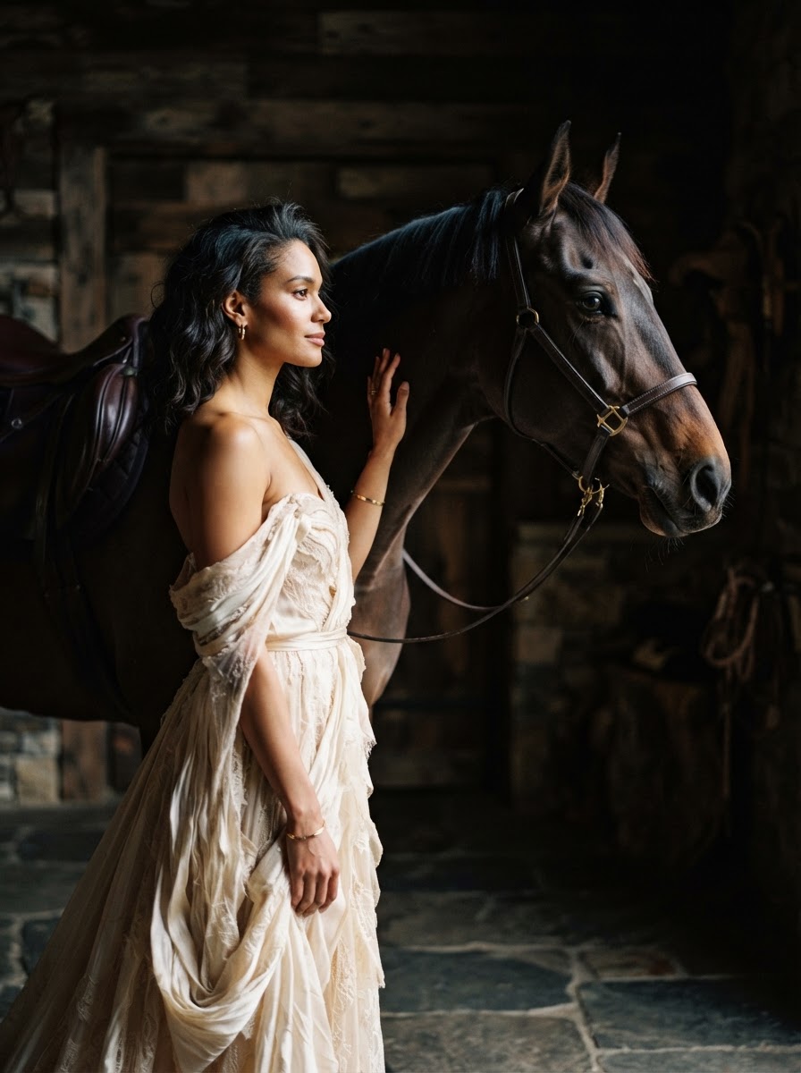 Editorial fashion image of a woman with bare shoulder standing alongside a dark horse against a dark background