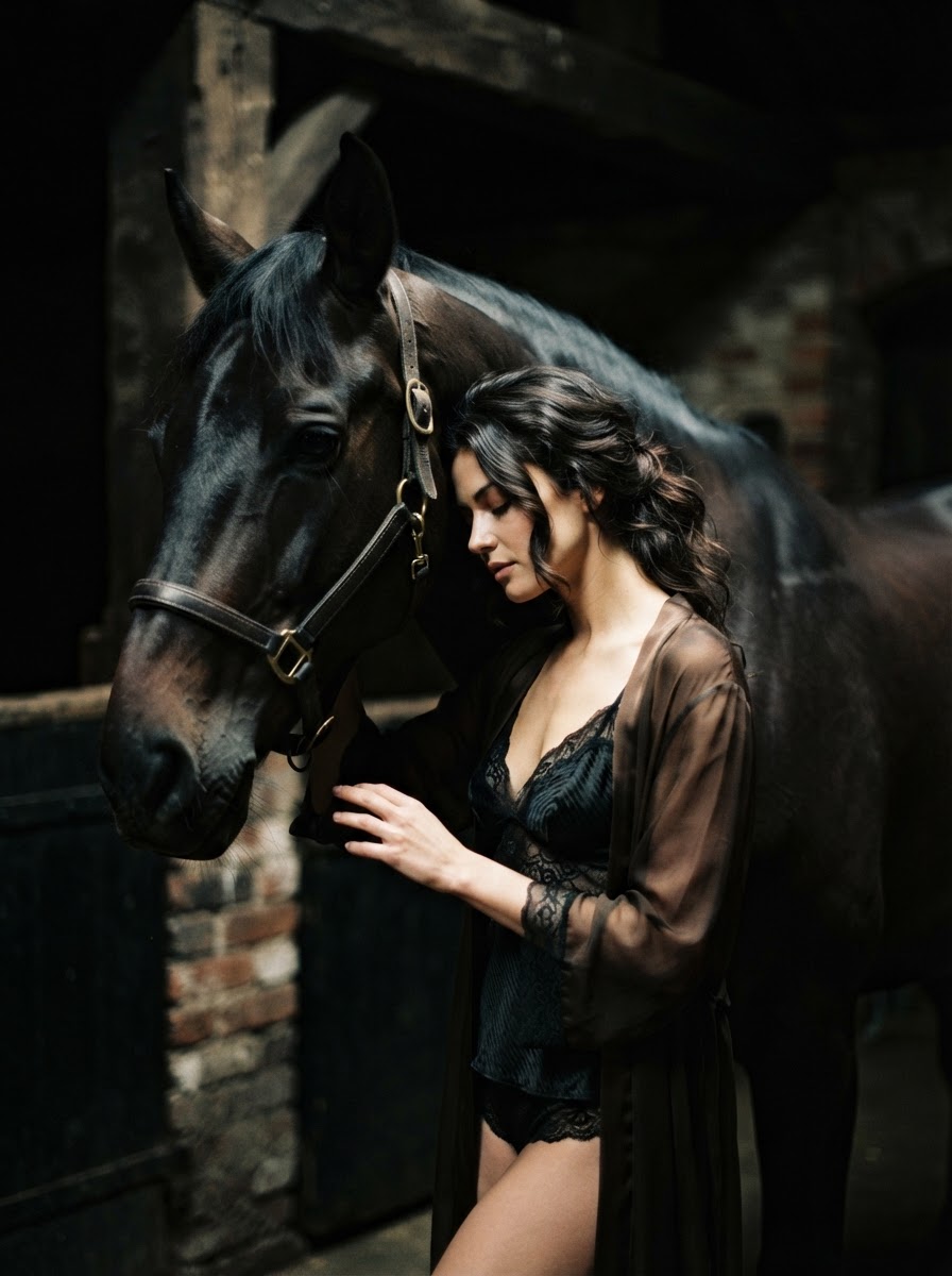 Equestrian boudoir photography of a woman in elegant dark lingerie beside her horse in cinematic low-key light, celebrating feminine strength and the horse and rider bond