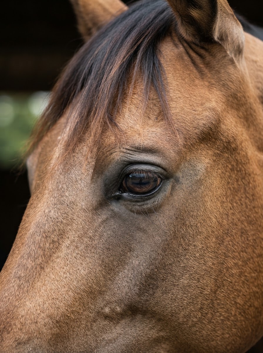 Editorial macro portrait of a horse's eye, forehead, and facial structure with natural catchlight