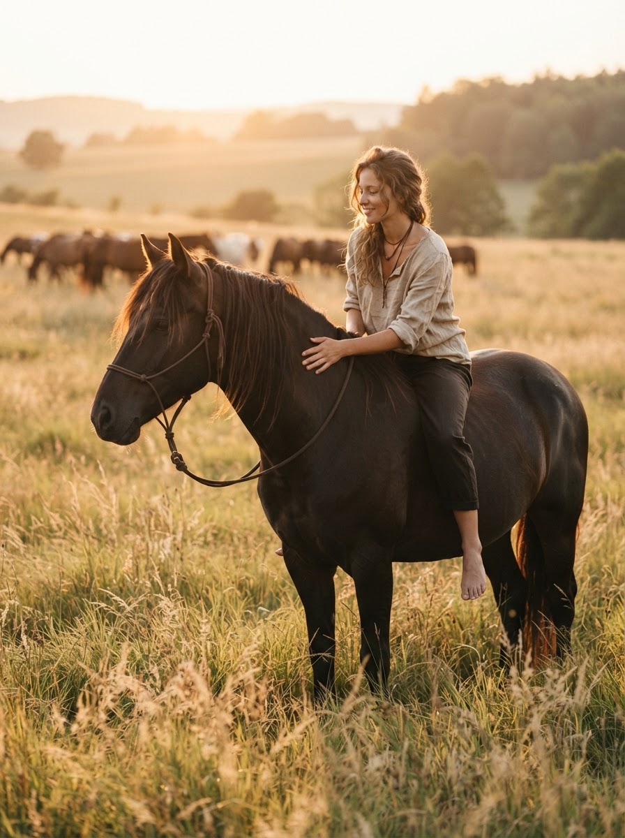 A bareback rider resting on a dark horse in a sunlit Connecticut field, a quiet relaxed moment of horse and rider connection during an on-location photography session
