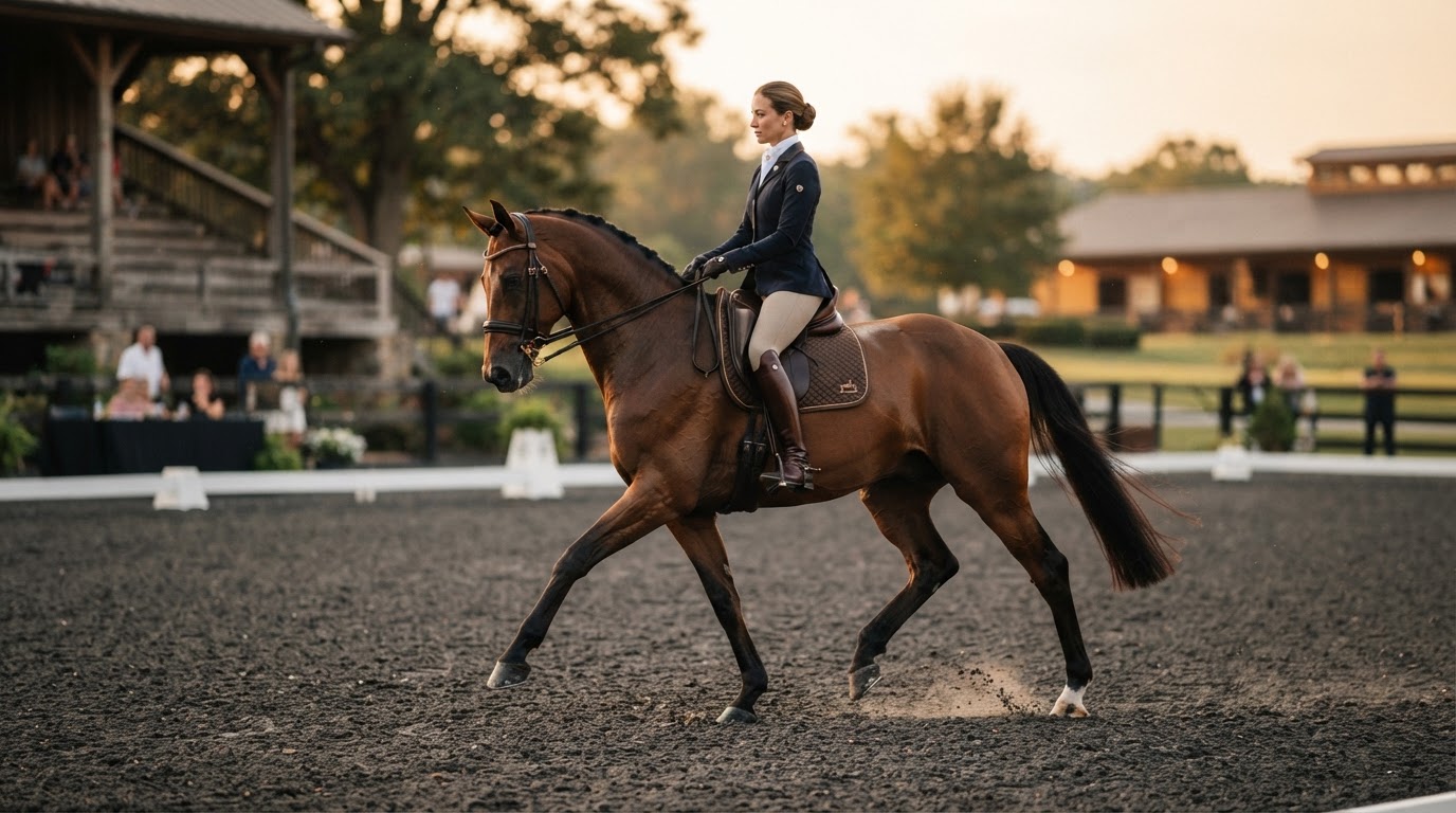 Editorial horse and rider performance image moving together through an arena in late day light