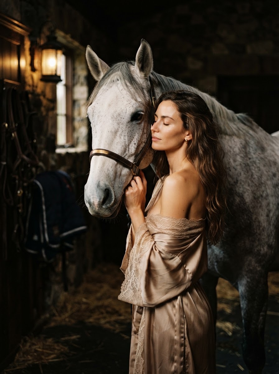 Fine art portrait of a woman in a flowing silk robe sharing an intimate, luminous moment of connection with her grey horse in soft low light
