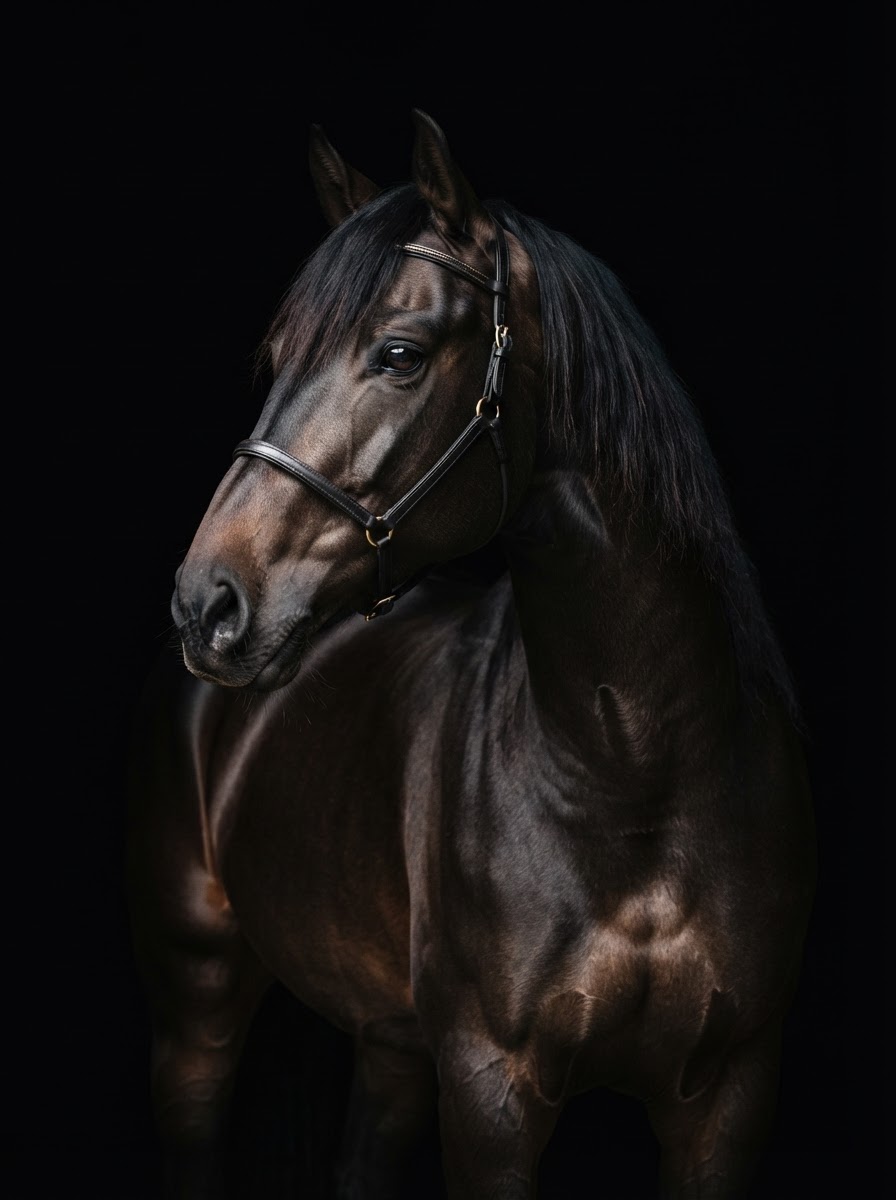 Editorial fine-art portrait of a dark horse facing three-quarter toward the camera against a deep black background