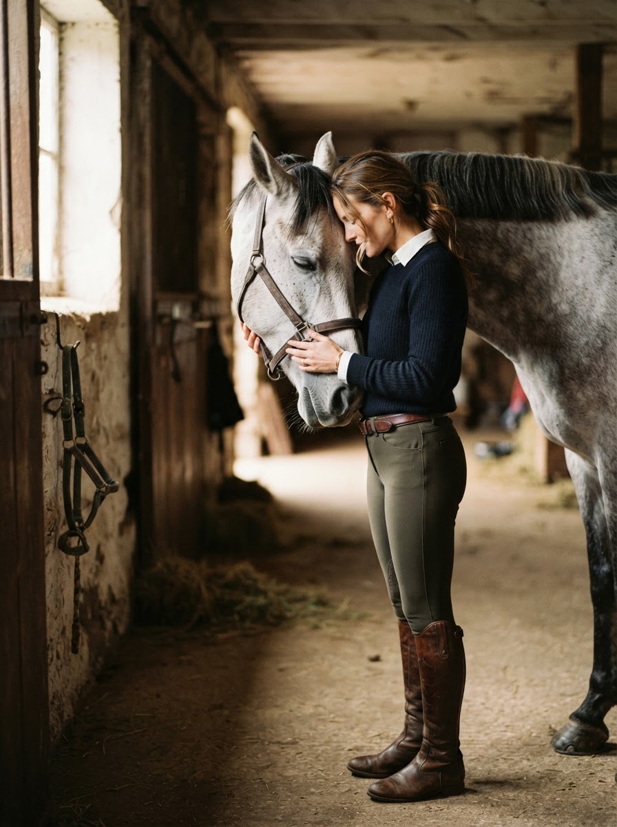 A woman in riding boots and breeches resting her forehead against a grey horse in soft stable light during a Connecticut equestrian session