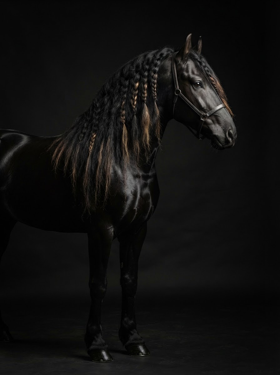 Black horse fine art portrait of a Friesian in sculptural studio light, capturing strength and presence