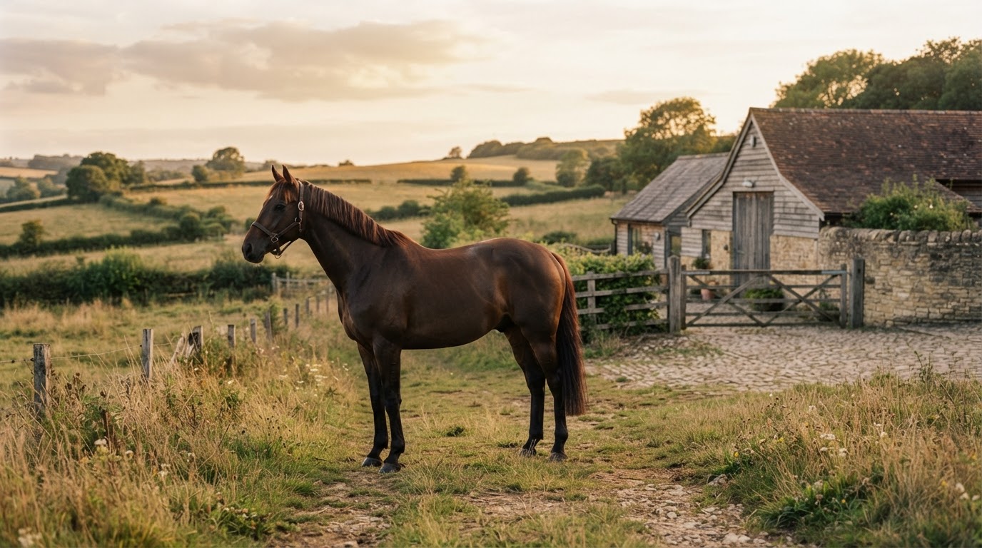Editorial environmental portrait of a horse alone in a field in soft natural light