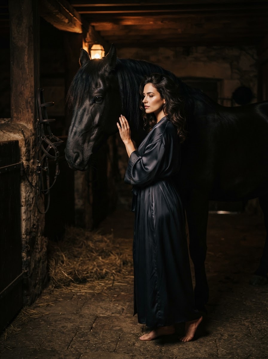 A woman in a flowing dark silk robe standing close beside a black horse in a dimly lit stable during an equestrian boudoir session