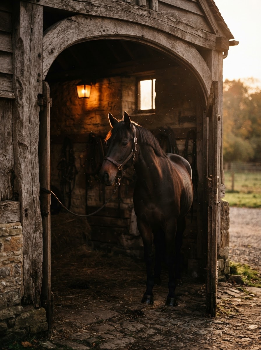 A horse standing in the doorway of a wooden barn, silhouetted against warm interior light with amber dust motes during a fine-art equine portrait session