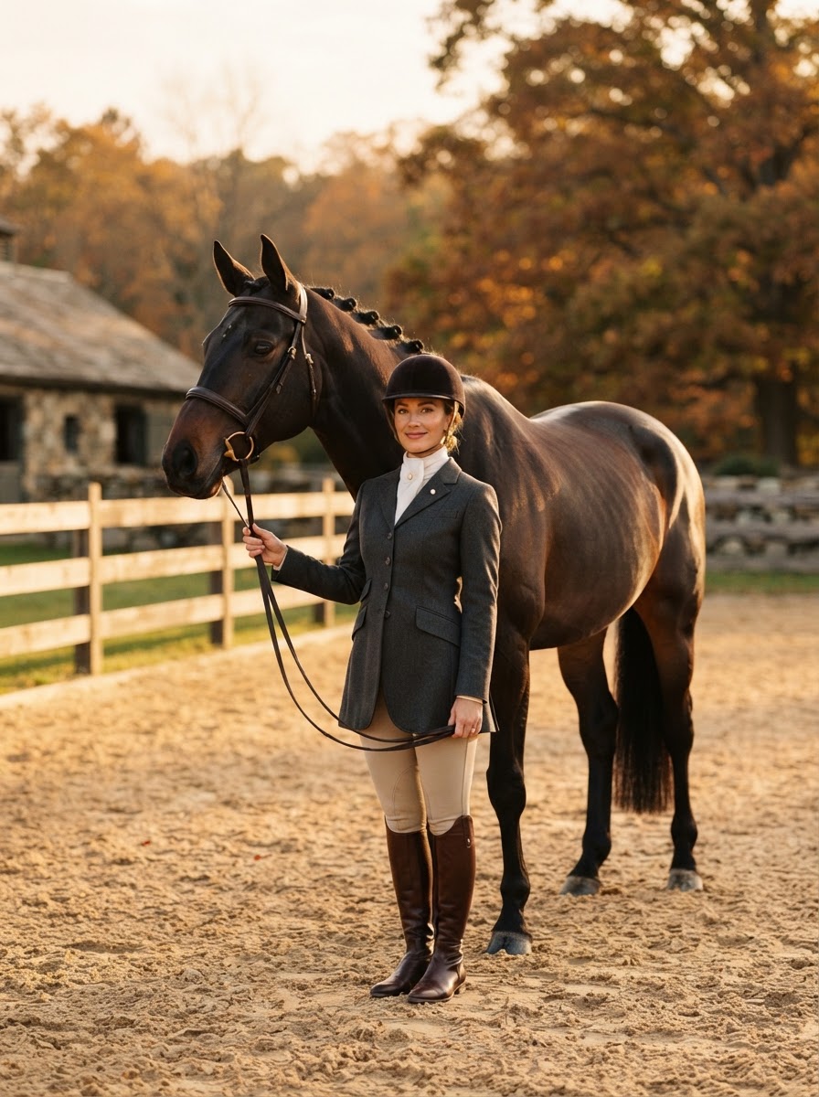 A woman in elegant riding attire standing beside a dark horse in a sunlit Connecticut arena during a horse and rider photography session