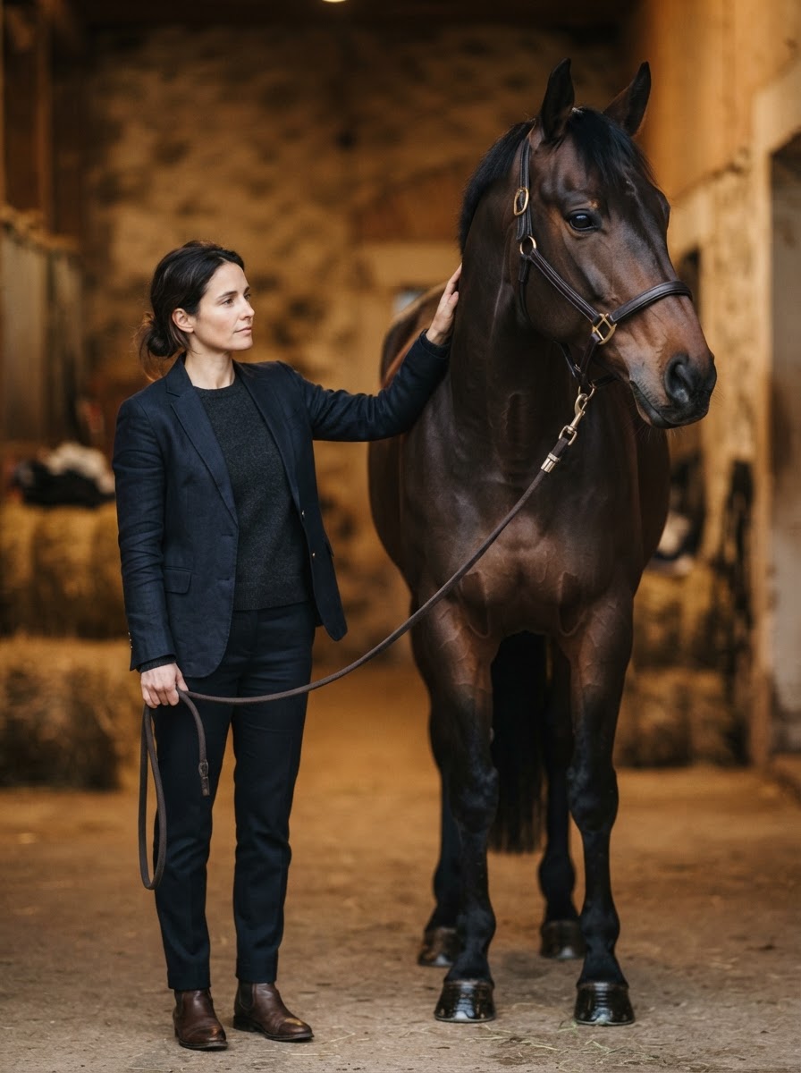 Editorial portrait of an owner standing quietly beside a dark horse with one hand resting against it