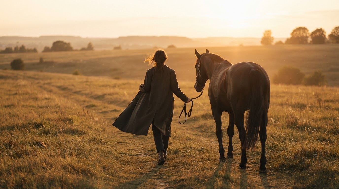 A woman leading her horse through warm golden sunset light, on-location equestrian photography in Connecticut