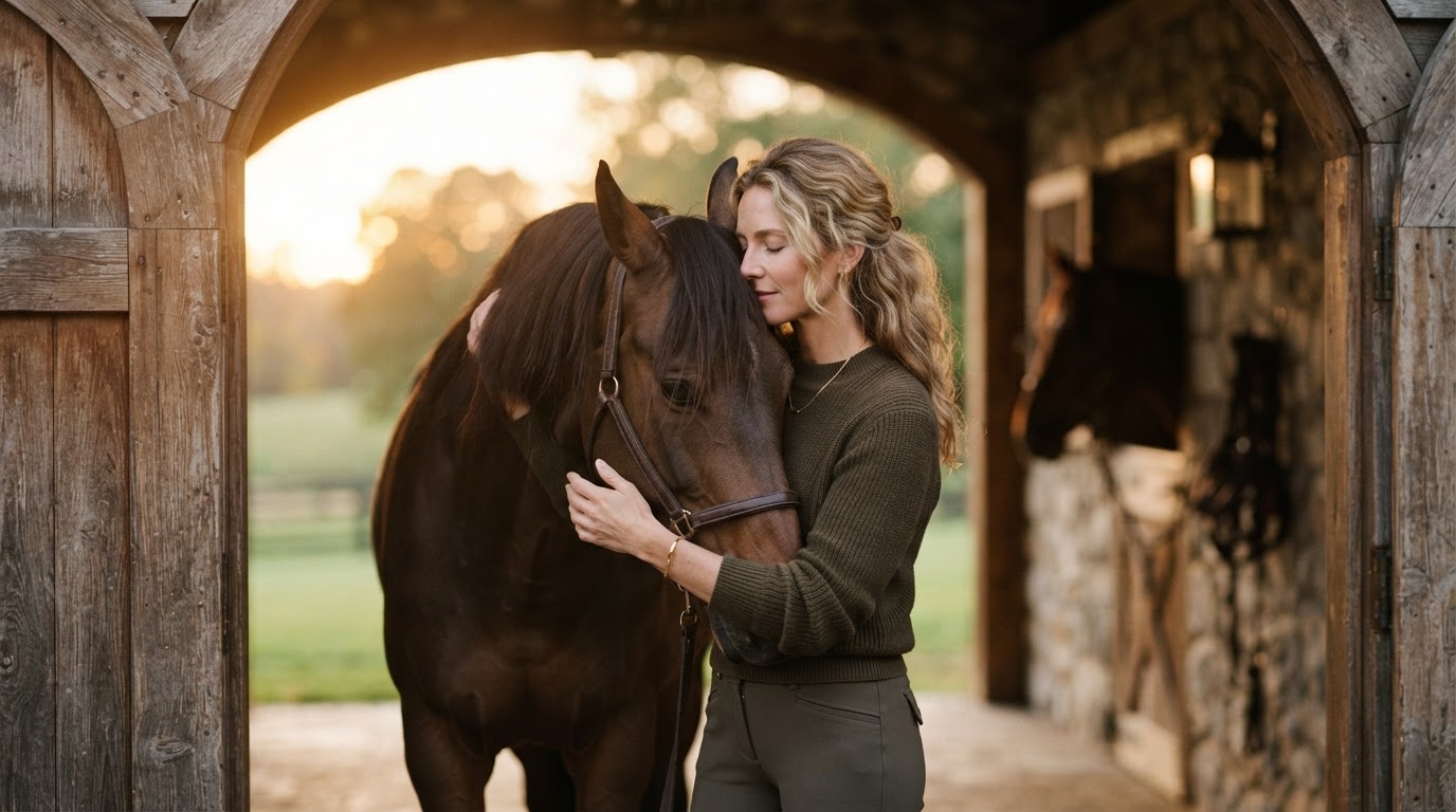 A woman embracing her horse's neck in soft golden light in a barn doorway, an intimate partnership portrait during an on-location photography session