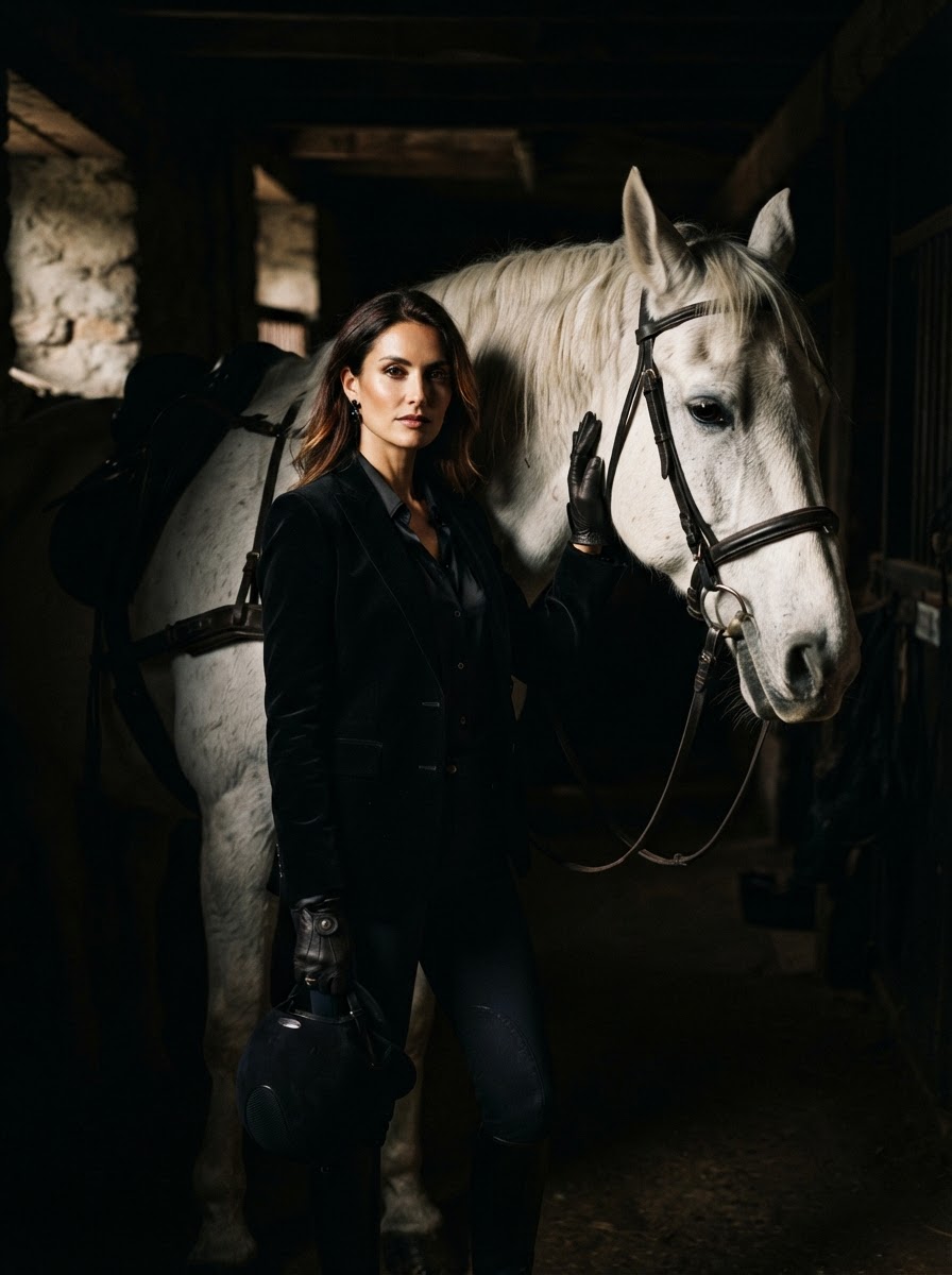 A woman in dark equestrian wear standing with a white horse in deep sculptural shadow and bronze light