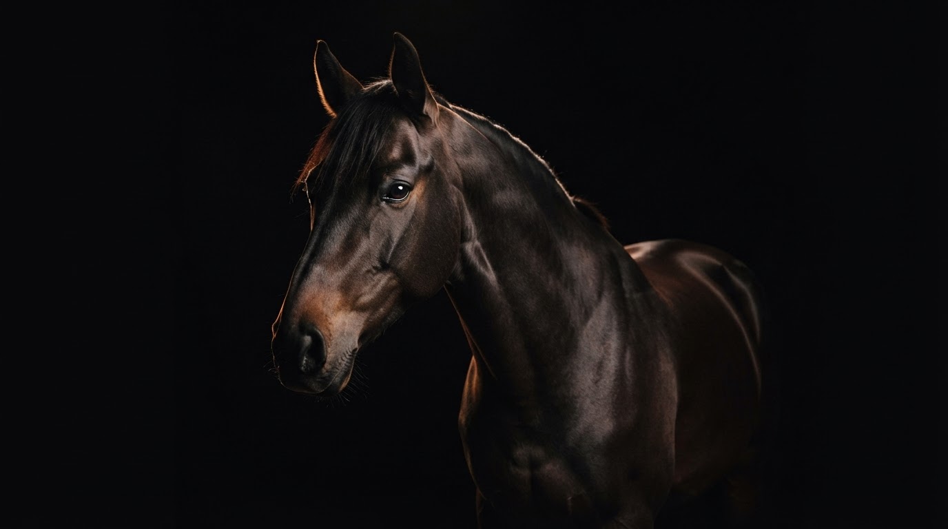 A dark horse standing in dramatic low light against a deep black background, sculptural bronze rim light tracing its profile during a fine-art equine portrait session in Connecticut